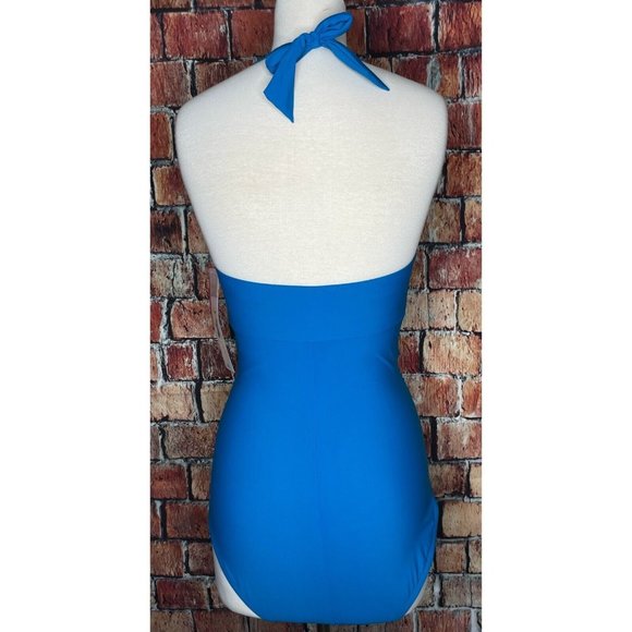 NWT Spanx Bayside Blue Halter One Piece Shaping Slimming Belted Beauty Swimsuit - Picture 4 of 7